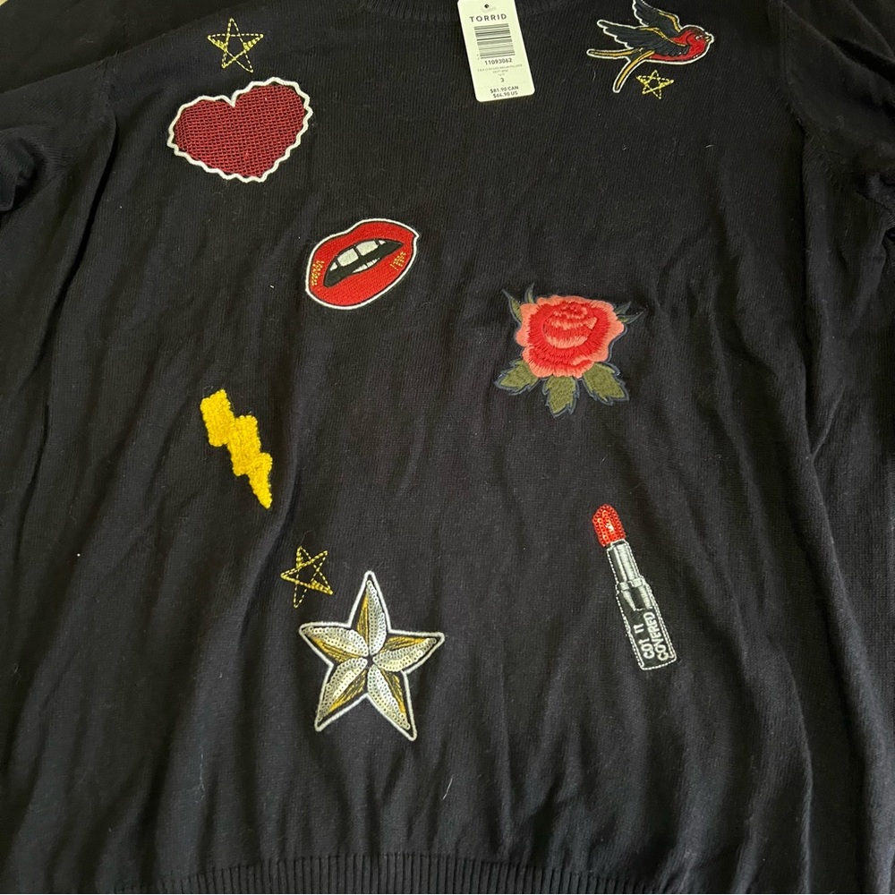 Torrid Black Crew Neck Sweater with Colorful Patches - Picture 2 of 7